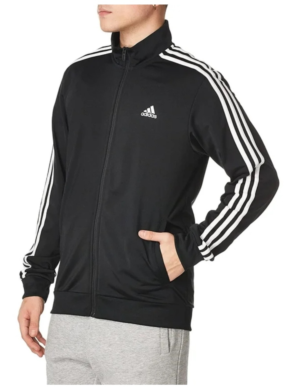 Adidas black and white striped track jacket with pockets and front zipper